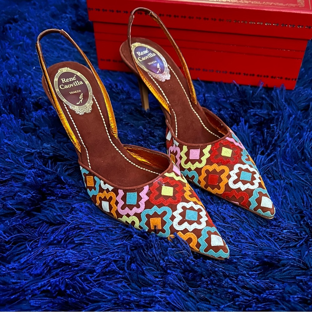 Rene Caovilla Multicolor Geometric Embroidered Slingback Heels - Picture 2 of 9